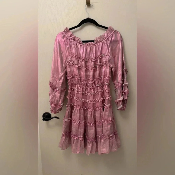 NWT Cynthia Rowley Ella Silk Metallic Foil Ruffle Mini Dress Metallic Blush XS - Picture 6 of 10